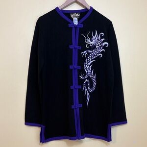 Bob Mackie Wearable Art Black Purple Dragon Embroidery Oversized Knit Cardigan S